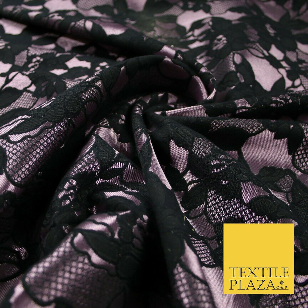 Black Mauve Pink Floral Lace Effect Woven Brocade Jacquard Dress Fabric 6844