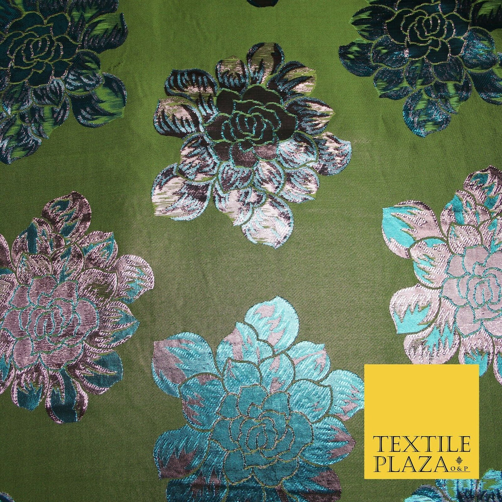 Olive Green Pink Blue Oversized Floral Metallic Brocade Dress Fabric 6859