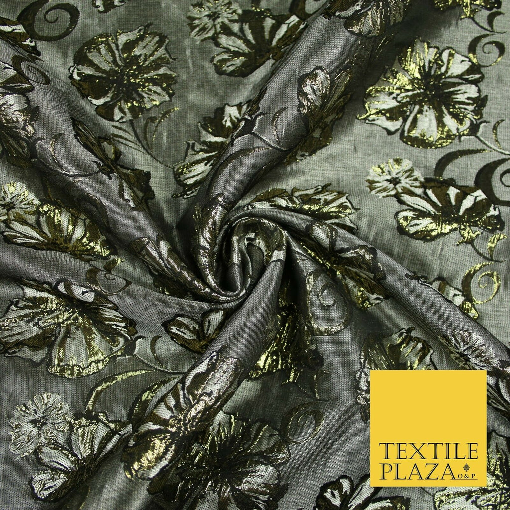 Grey Gold Metallic Gold Floral Pansy Textured Brocade Jacquard Dress Fabric 6851