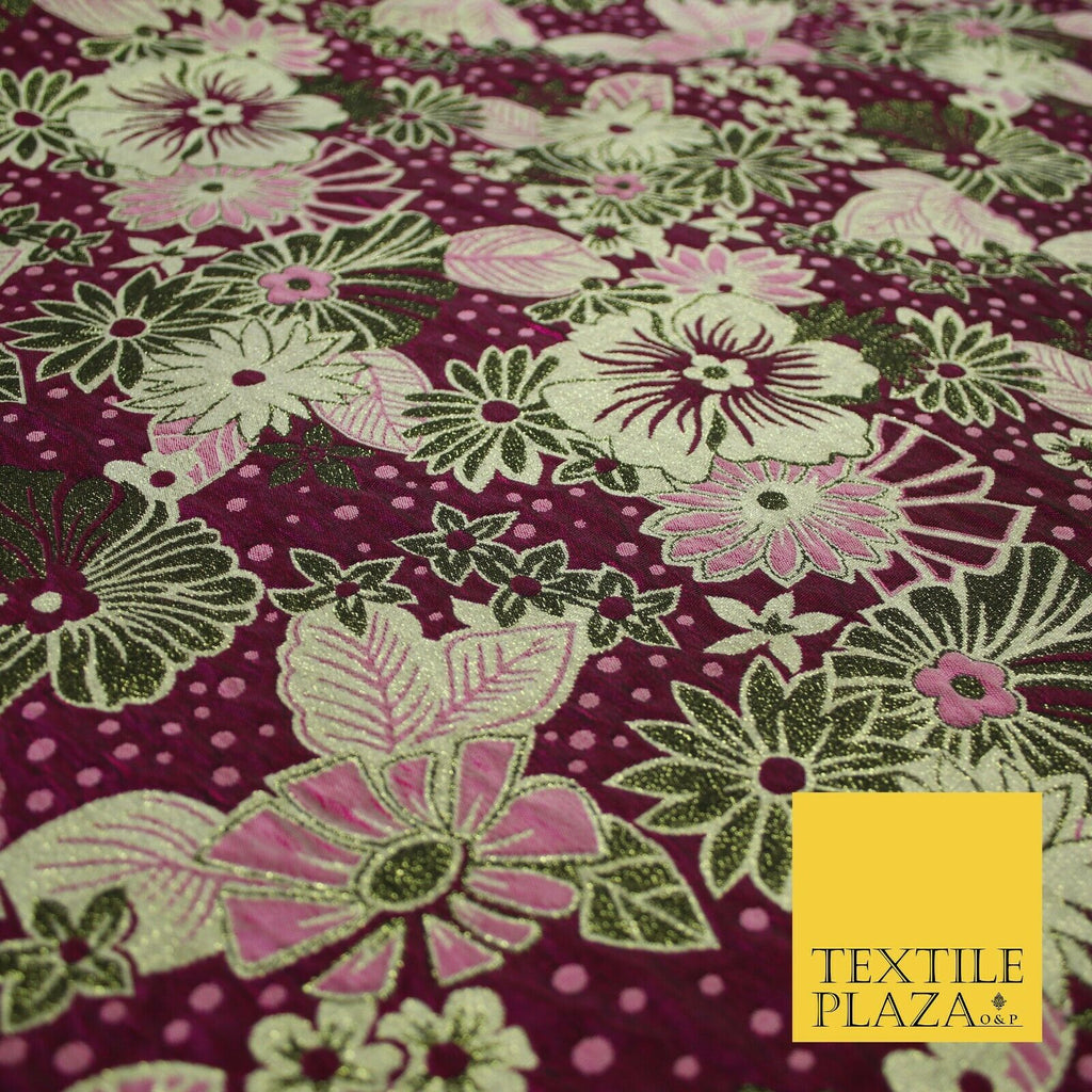 Magenta Pink Antique Gold Tropical Floral Dot Textured Brocade Dress Fabric 6846