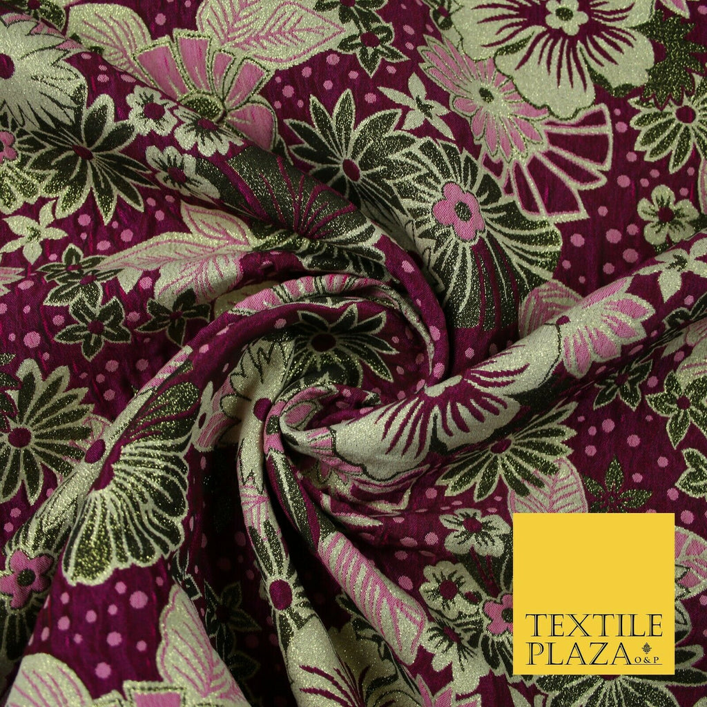 Magenta Pink Antique Gold Tropical Floral Dot Textured Brocade Dress Fabric 6846