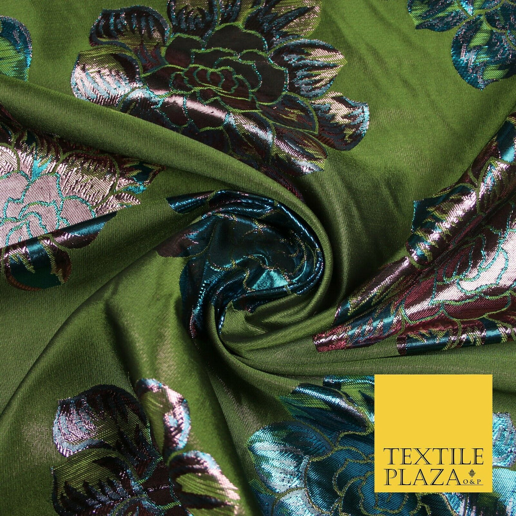 Olive Green Pink Blue Oversized Floral Metallic Brocade Dress Fabric 6859