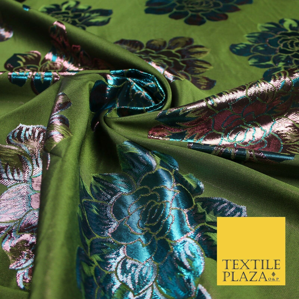 Olive Green Pink Blue Oversized Floral Metallic Brocade Dress Fabric 6859