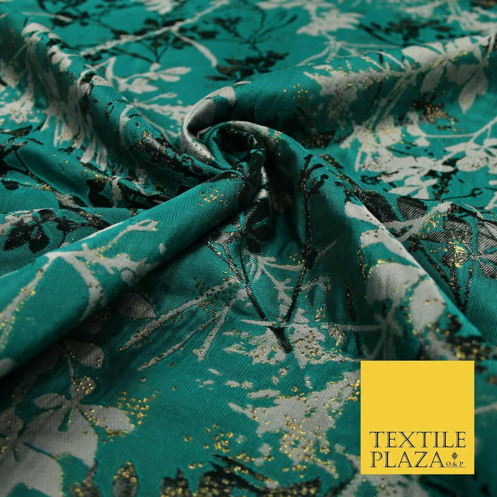 Jade Green Abstract Art Deco Floral Splash Textured Brocade Dress Fabric 6848