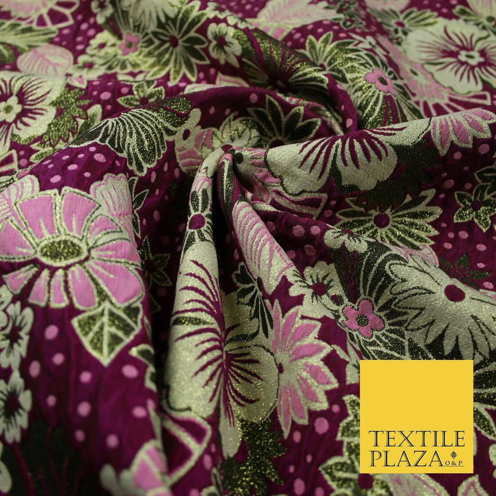 Magenta Pink Antique Gold Tropical Floral Dot Textured Brocade Dress Fabric 6846