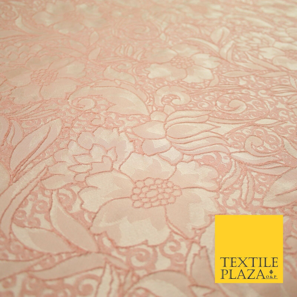 Peach Ornate Mix Floral Swirls Corded Textured Brocade Jacquard Fabric 7168