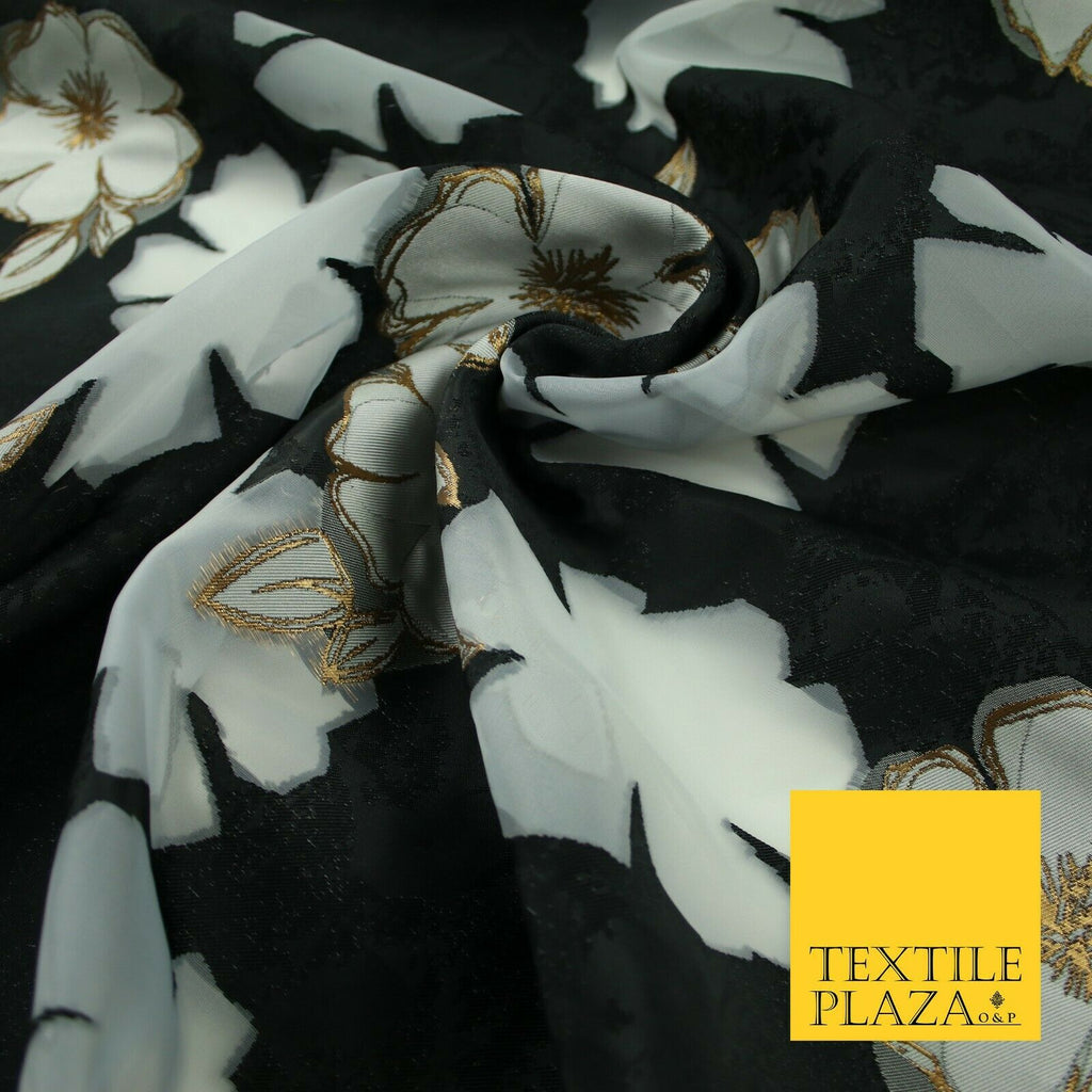 Black Falling Floral Pansy Metallic Gold Brocade Textured Organza Fabric 7174