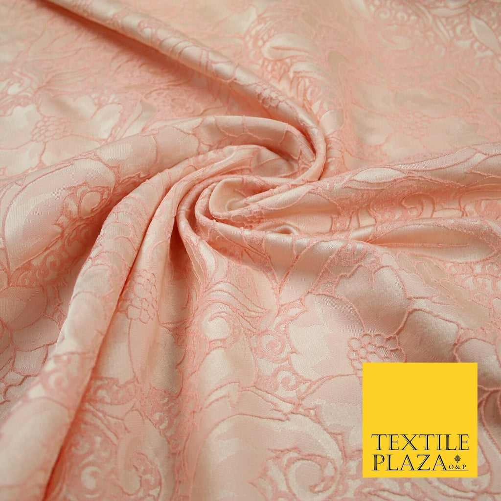 Peach Ornate Mix Floral Swirls Corded Textured Brocade Jacquard Fabric 7168