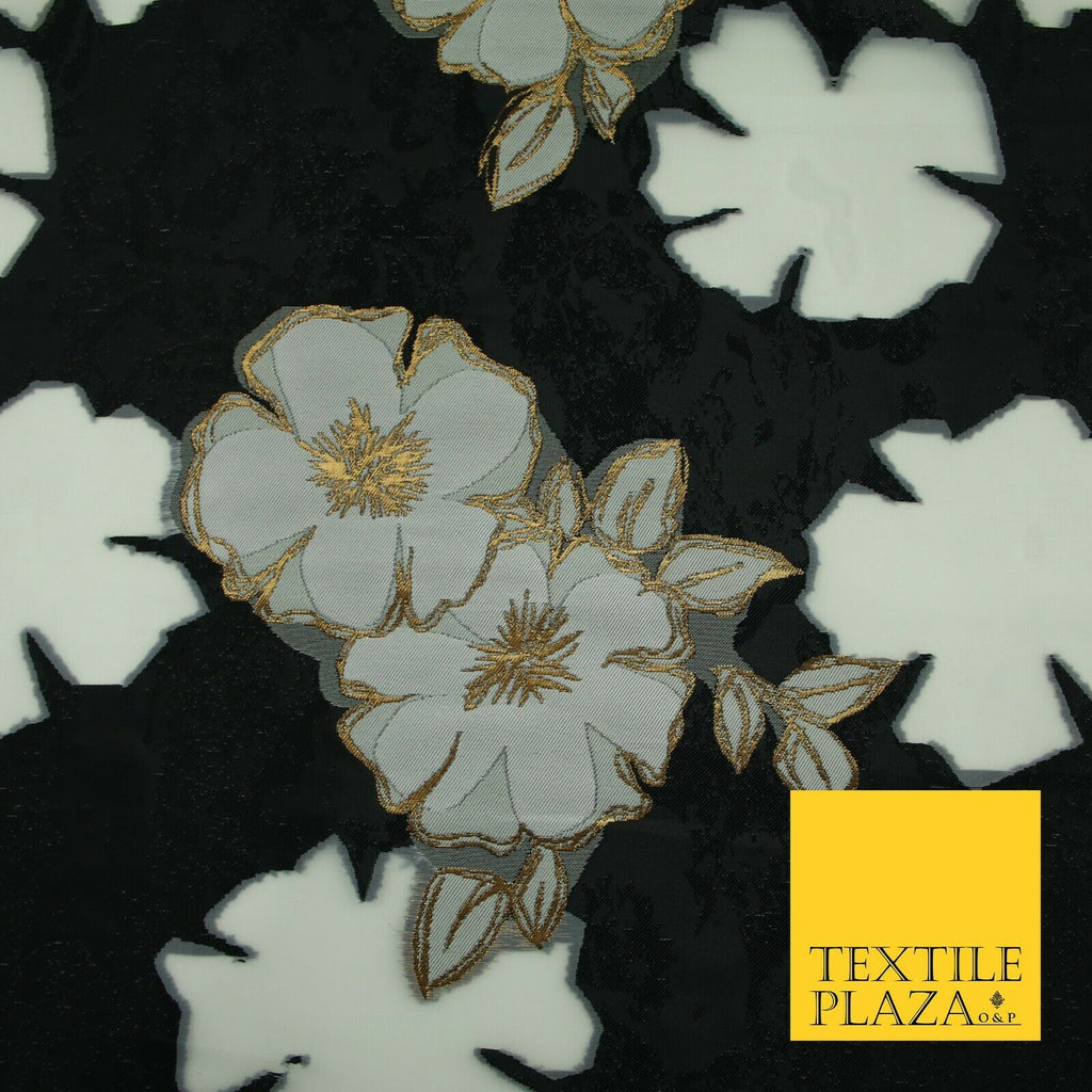 Black Falling Floral Pansy Metallic Gold Brocade Textured Organza Fabric 7174
