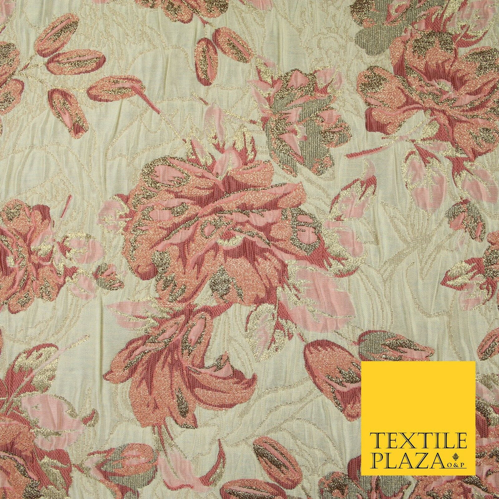 Cream Large Salmon Pink Flowers Creased Metallic Textured Brocade Fabric 7166