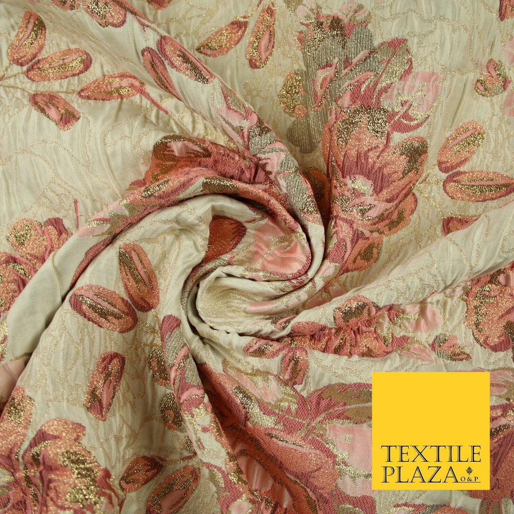 Cream Large Salmon Pink Flowers Creased Metallic Textured Brocade Fabric 7166