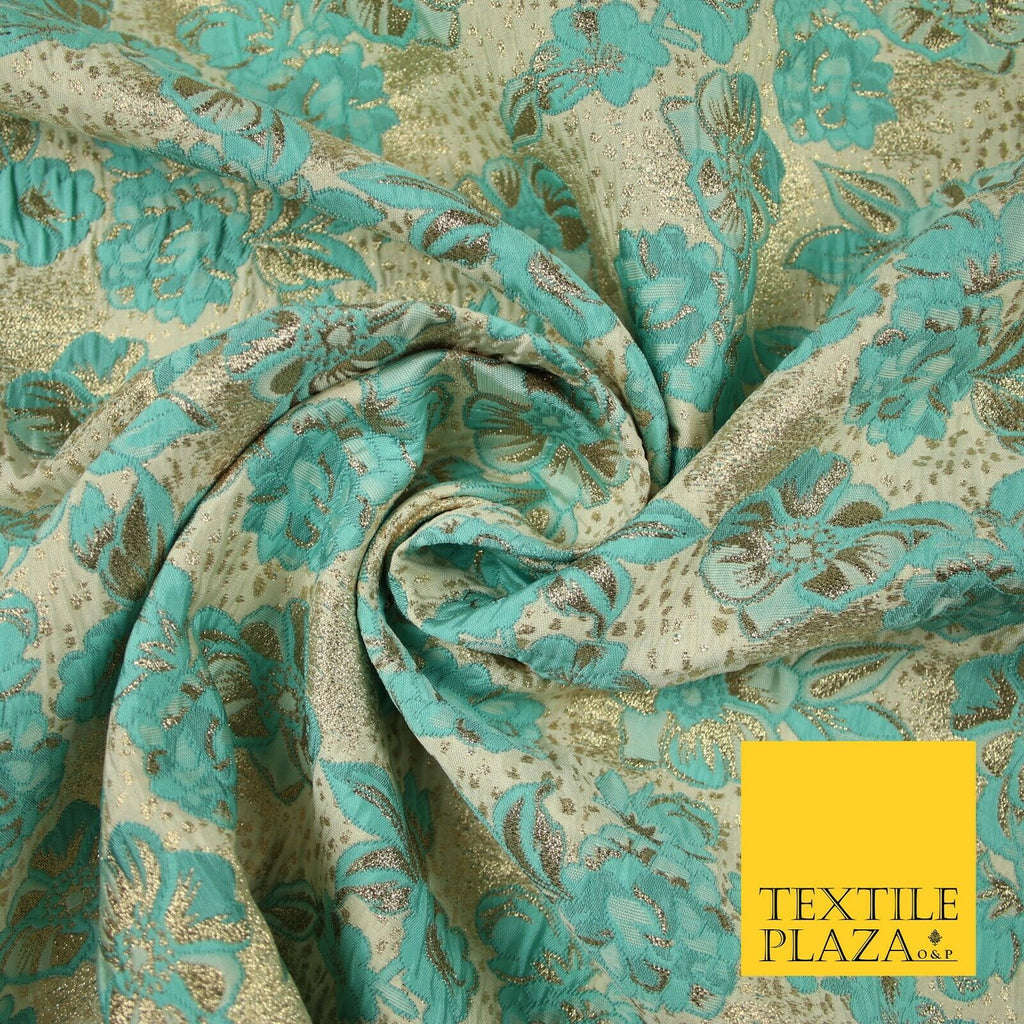 Cream Aqua Blue Floral Metallic Gold Speckle Spray Textured Brocade Fabric 7165