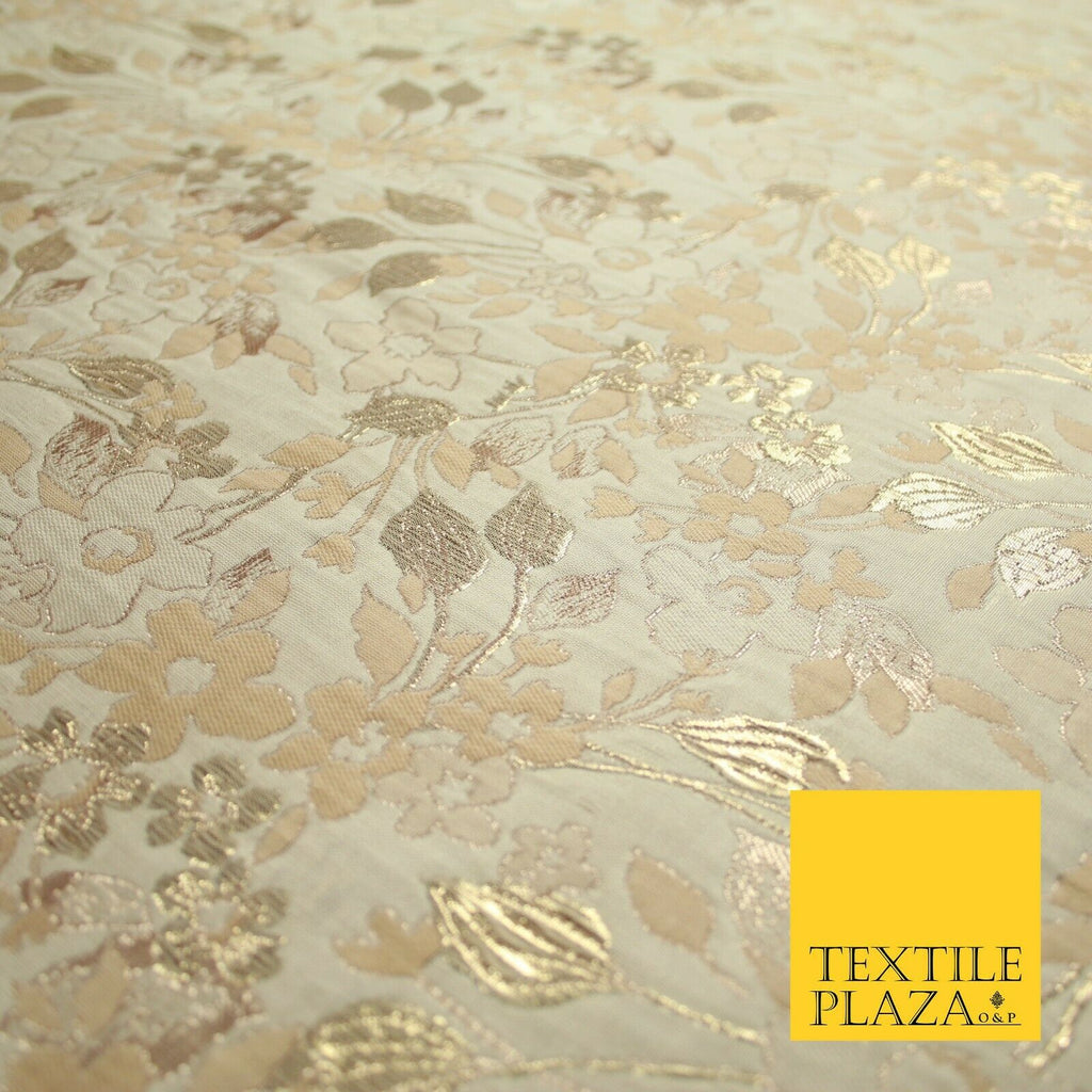 Cream with Pale Peach Floral Blossom Metallic Gold Textured Brocade Fabric 7160