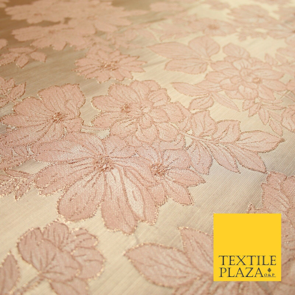Peach Gold Floral Cluster Corded Metallic Textured Brocade Jacquard Fabric 7159