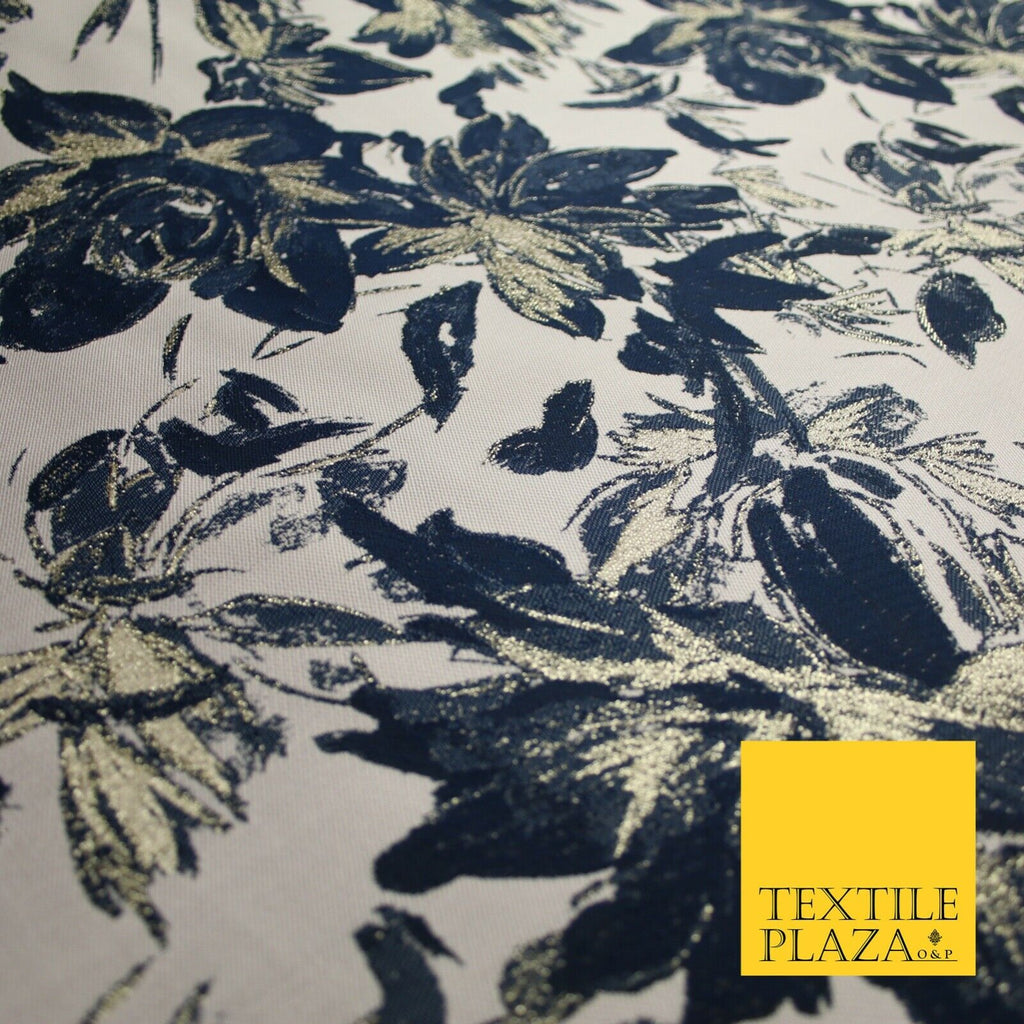 Navy Blue Blush Pink Large Floral Plant Metallic Textured Brocade Fabric 7152
