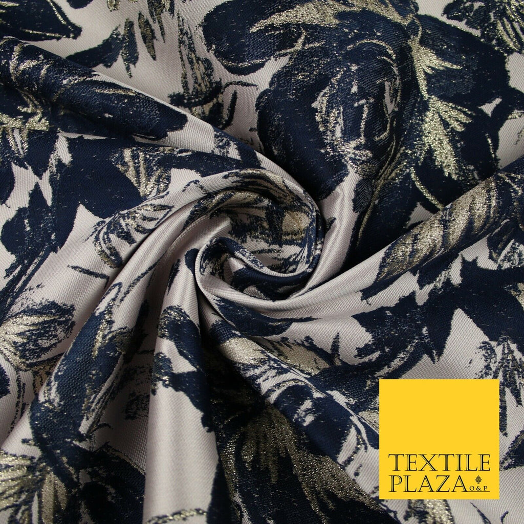 Navy Blue Blush Pink Large Floral Plant Metallic Textured Brocade Fabric 7152