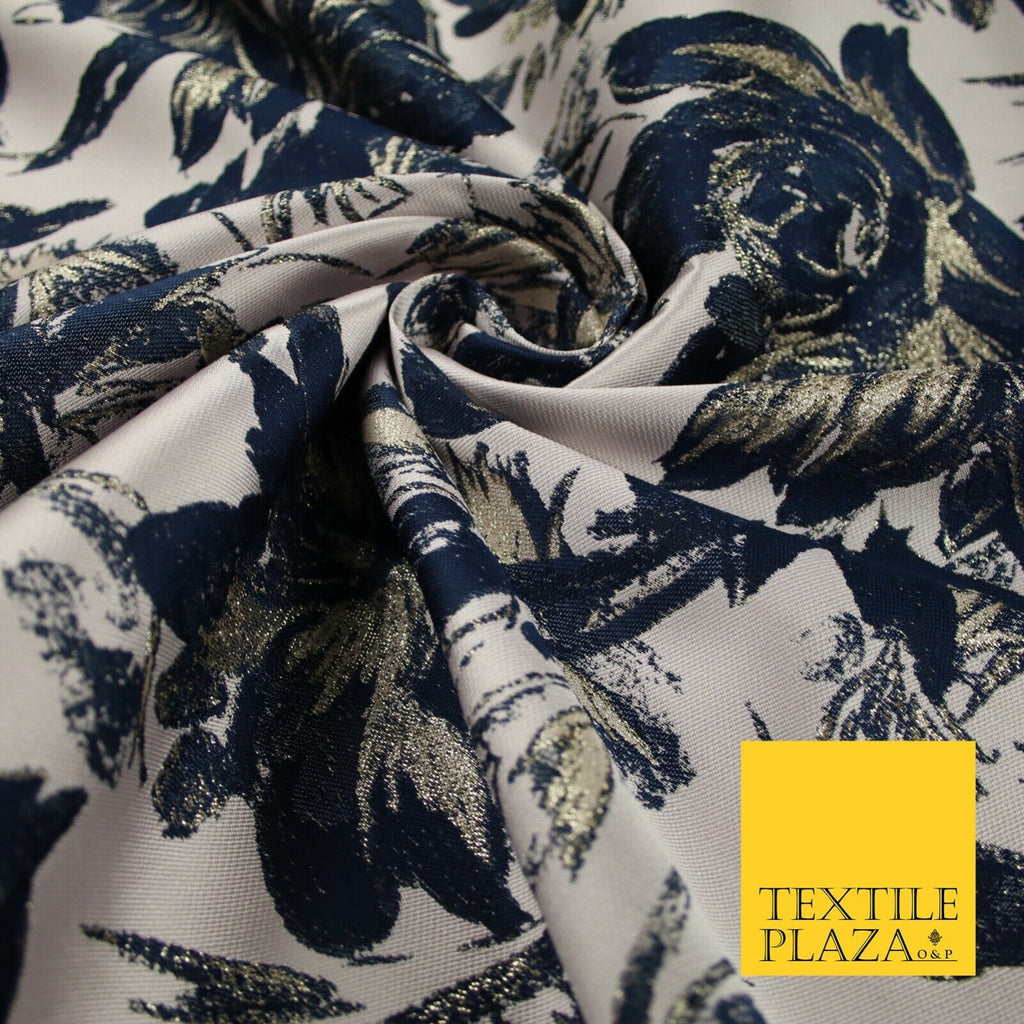 Navy Blue Blush Pink Large Floral Plant Metallic Textured Brocade Fabric 7152