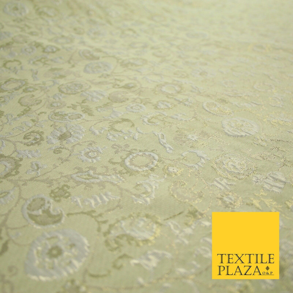 Pale Green Ornate Intense Vine Floral Metallic Textured Brocade Fabric 7144