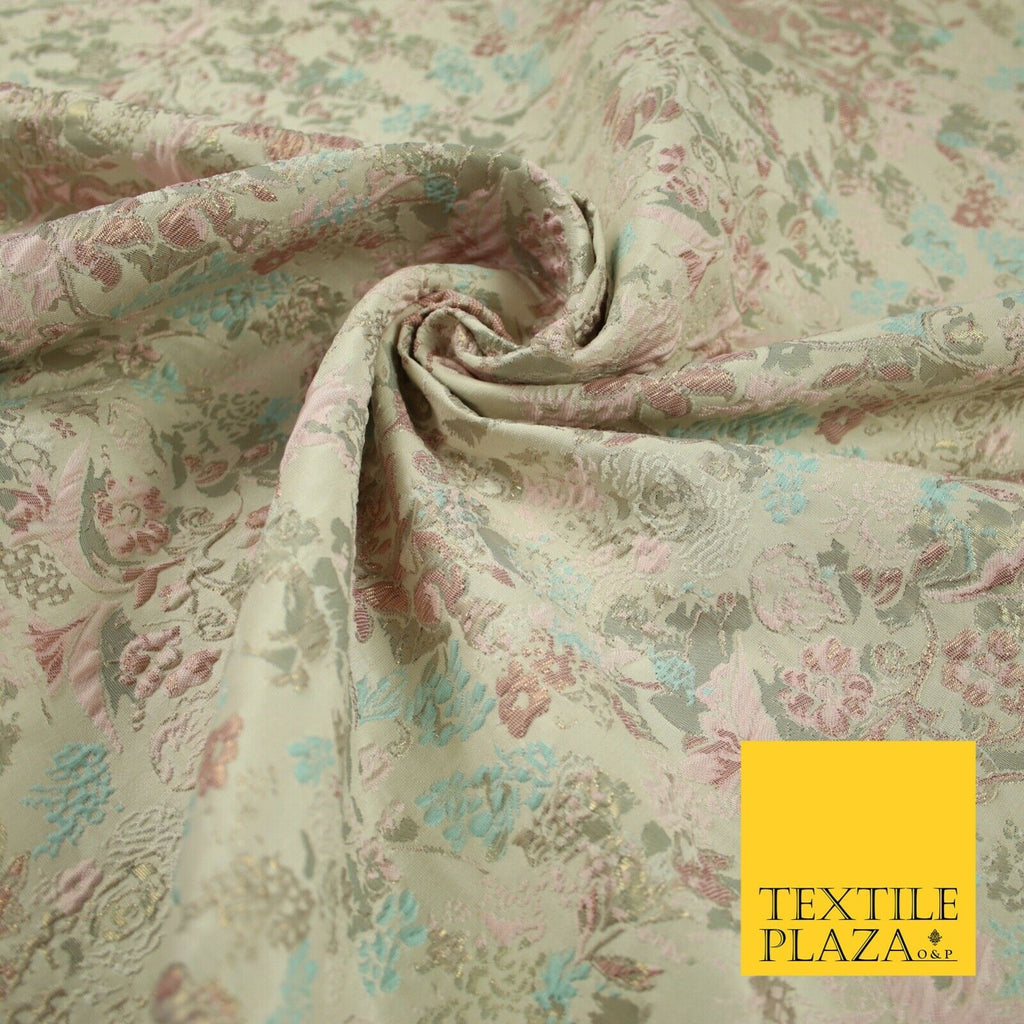 Cream Pink Aqua Pastel Wild Intense Floral Textured Brocade Jacquard Fabric 7142
