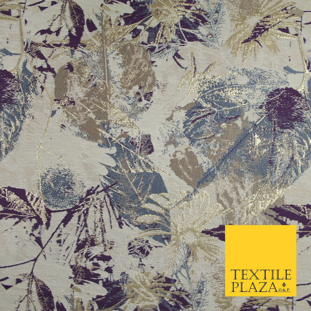Gold Purple Grey Botanical Artsy Leaves Metallic Textured Brocade Fabric 7131