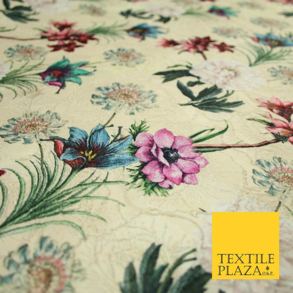 Cream Gold Floral Gardenia Digital Printed Corded Textured Brocade Fabric 7122