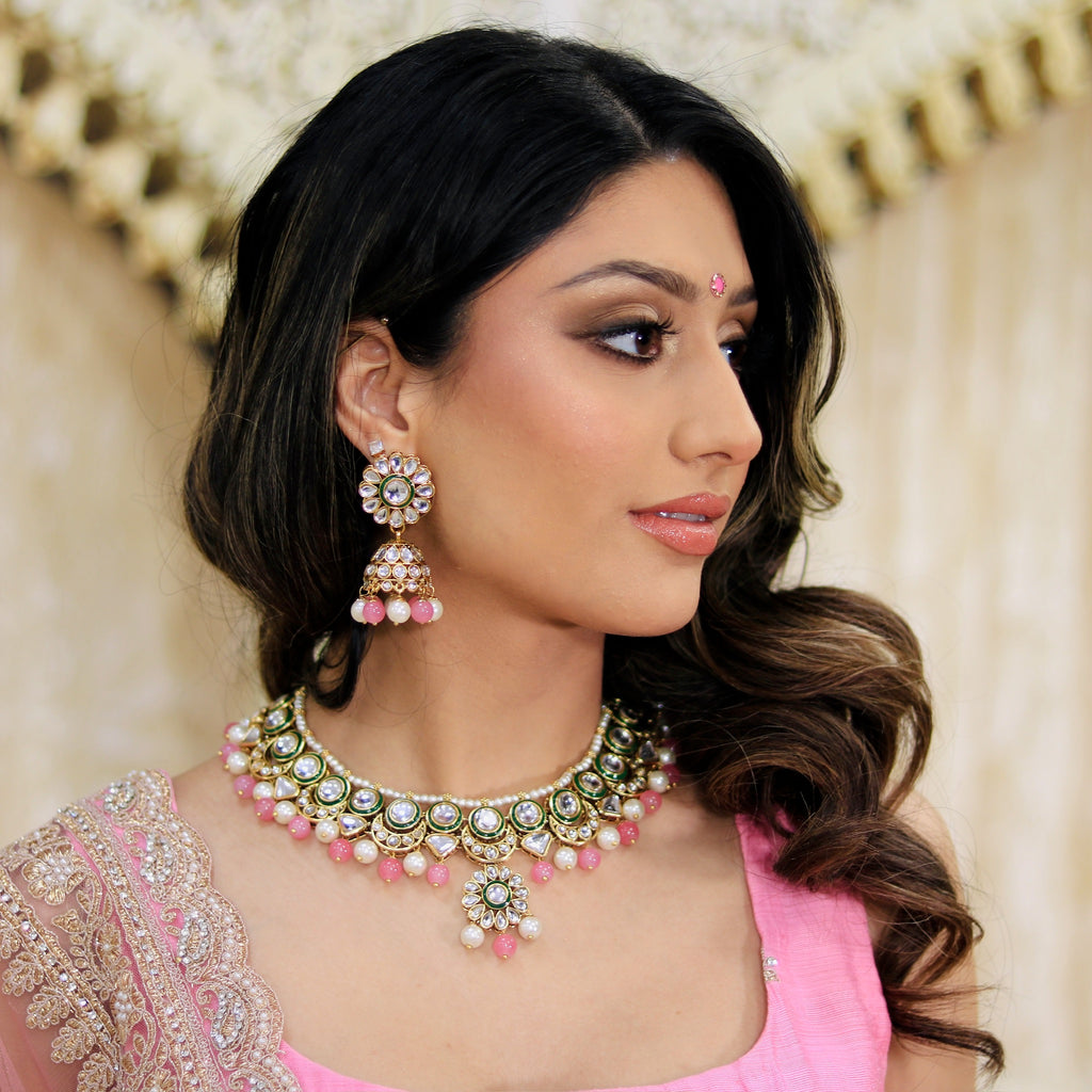 Kundan Effect Choker Set With Pink & Pearl Drops