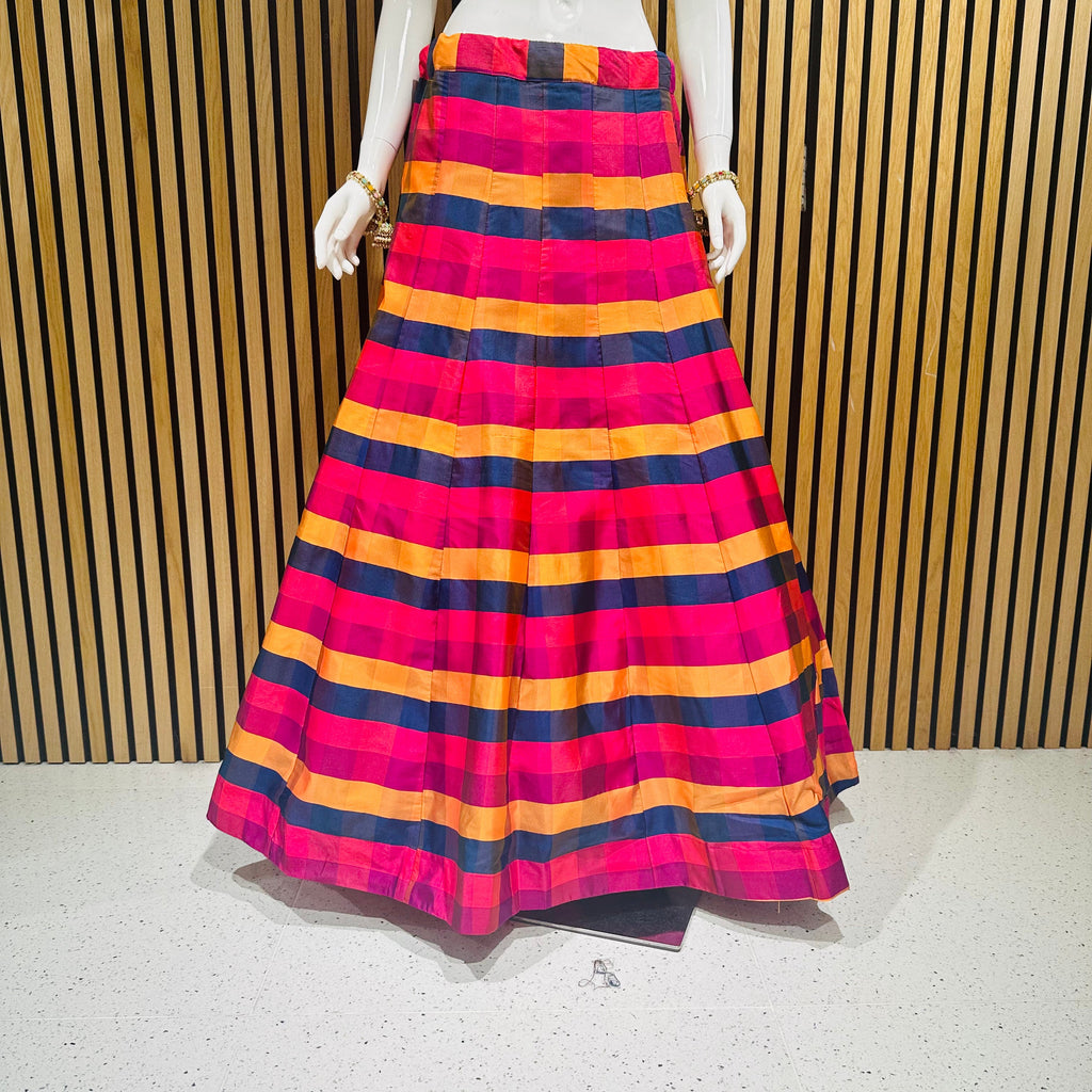 Magenta Pink Mustard Navy Multicolour Check Taffeta Silk Lehenga Skirt