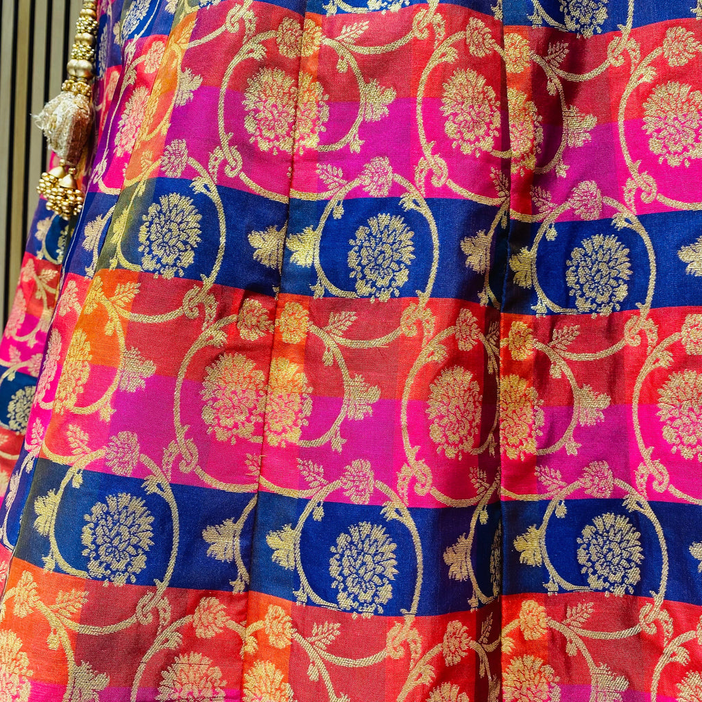 Navy Blue Cerise Orange Multicolour Striped Floral Brocade Lehenga Skirt