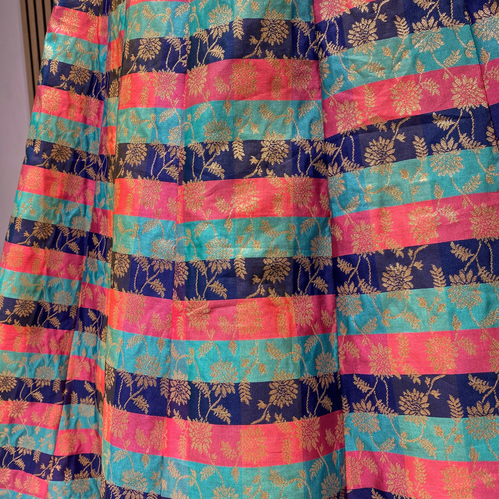 Navy Pink Turquoise Multicolour Striped Floral Brocade Lehenga Skirt