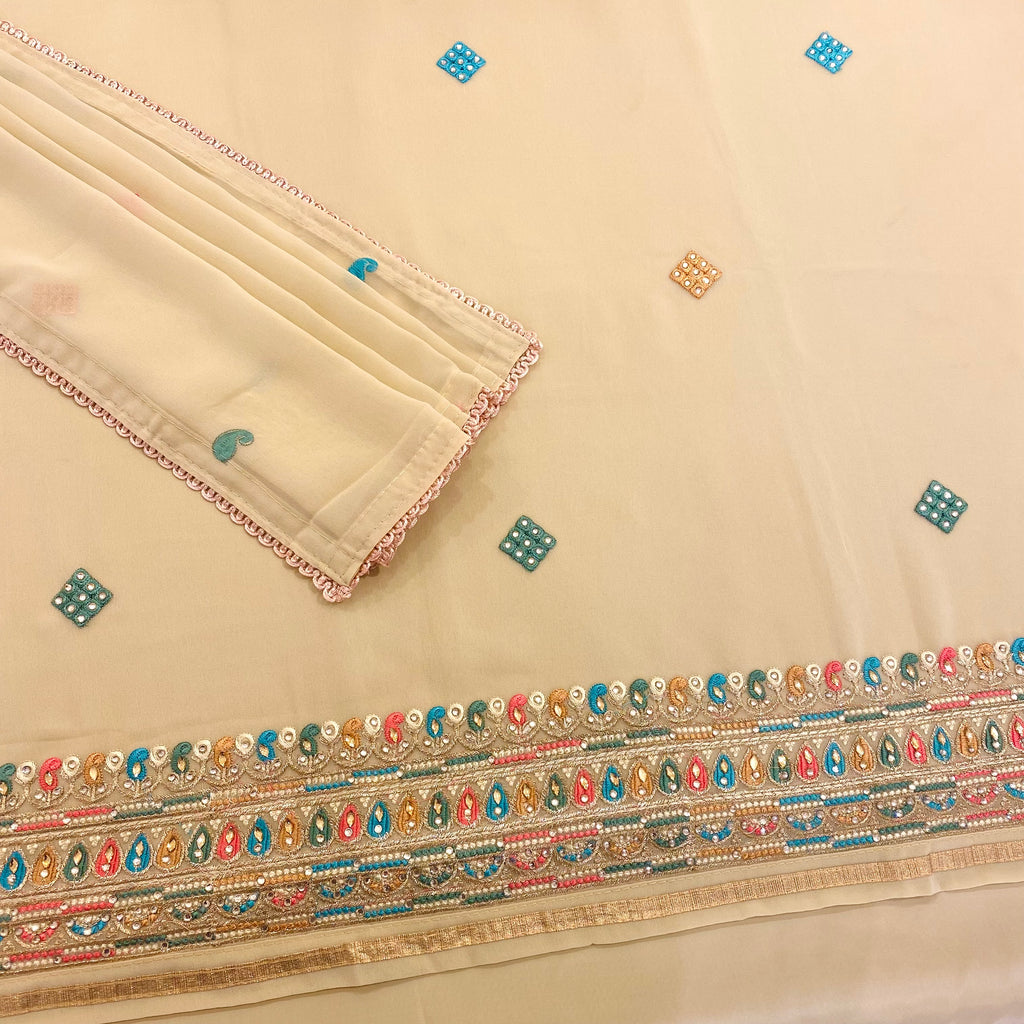 Georgette Suit with Contrasting Floral Threadwork Morif Embroidery