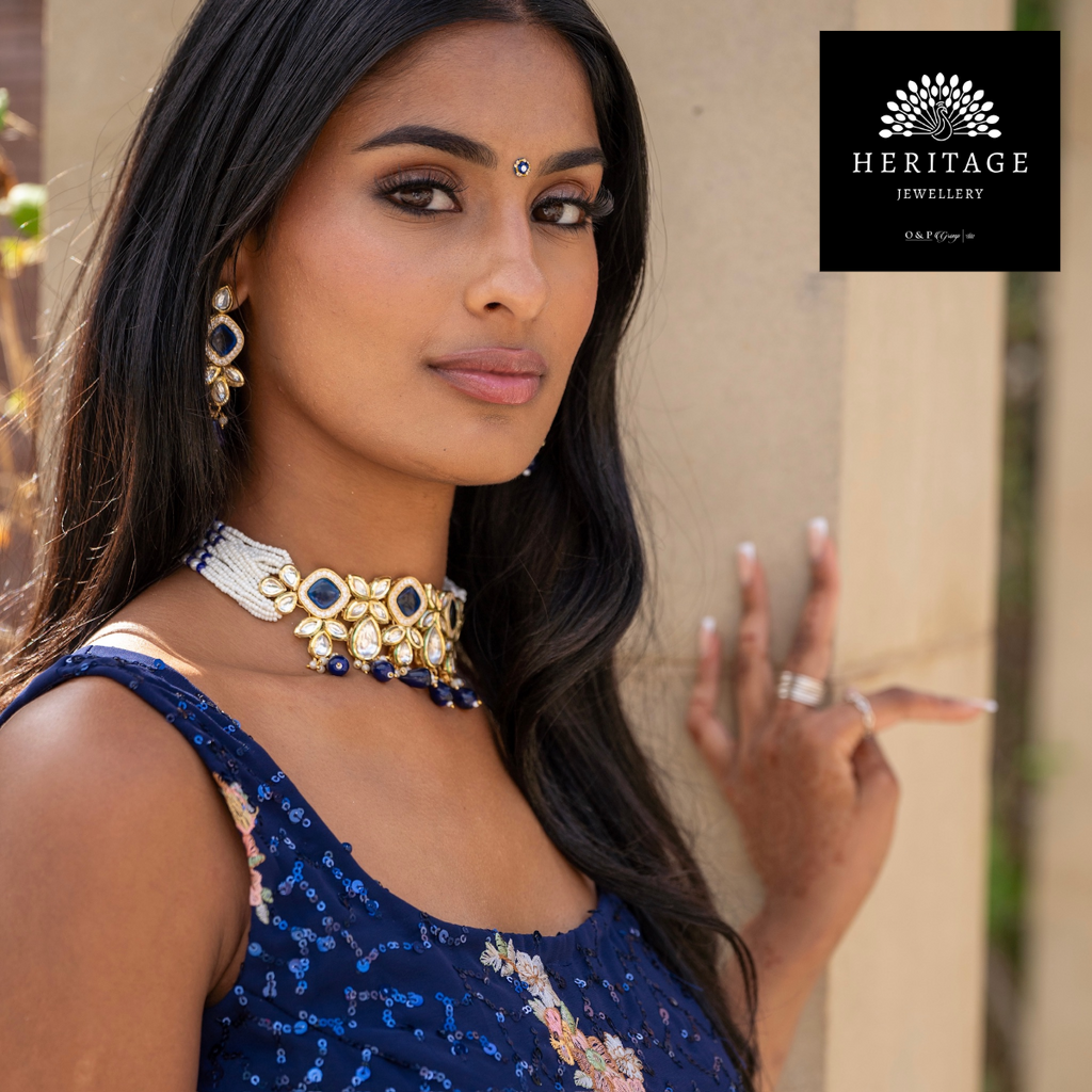 Navy Gem Stone & Pearl Choker Set