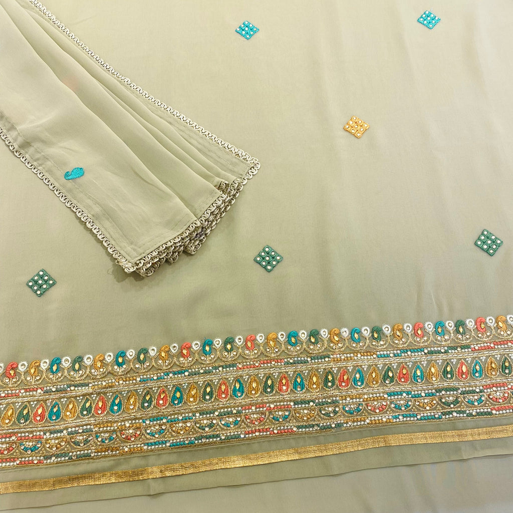 Georgette Suit with Contrasting Floral Threadwork Morif Embroidery