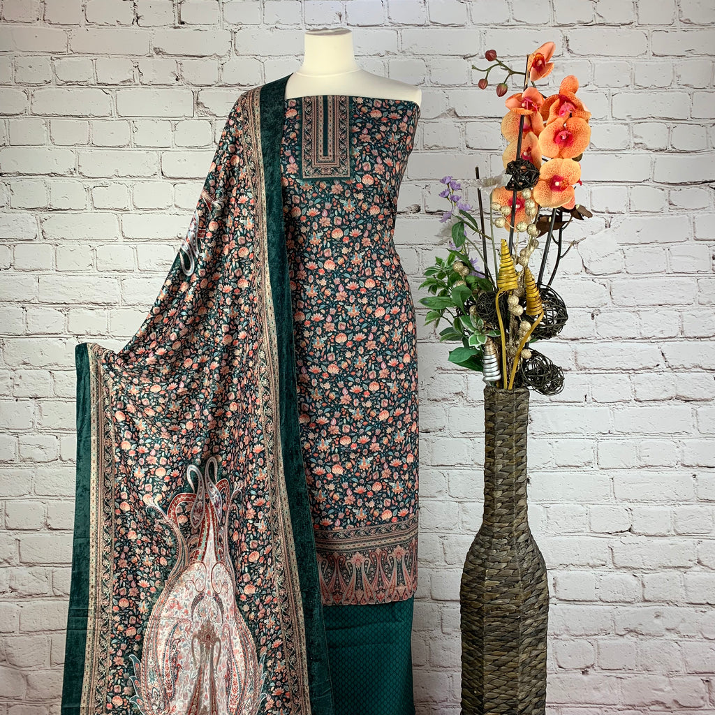 Self Print Garam Suit with Neck & Border Print (V8)