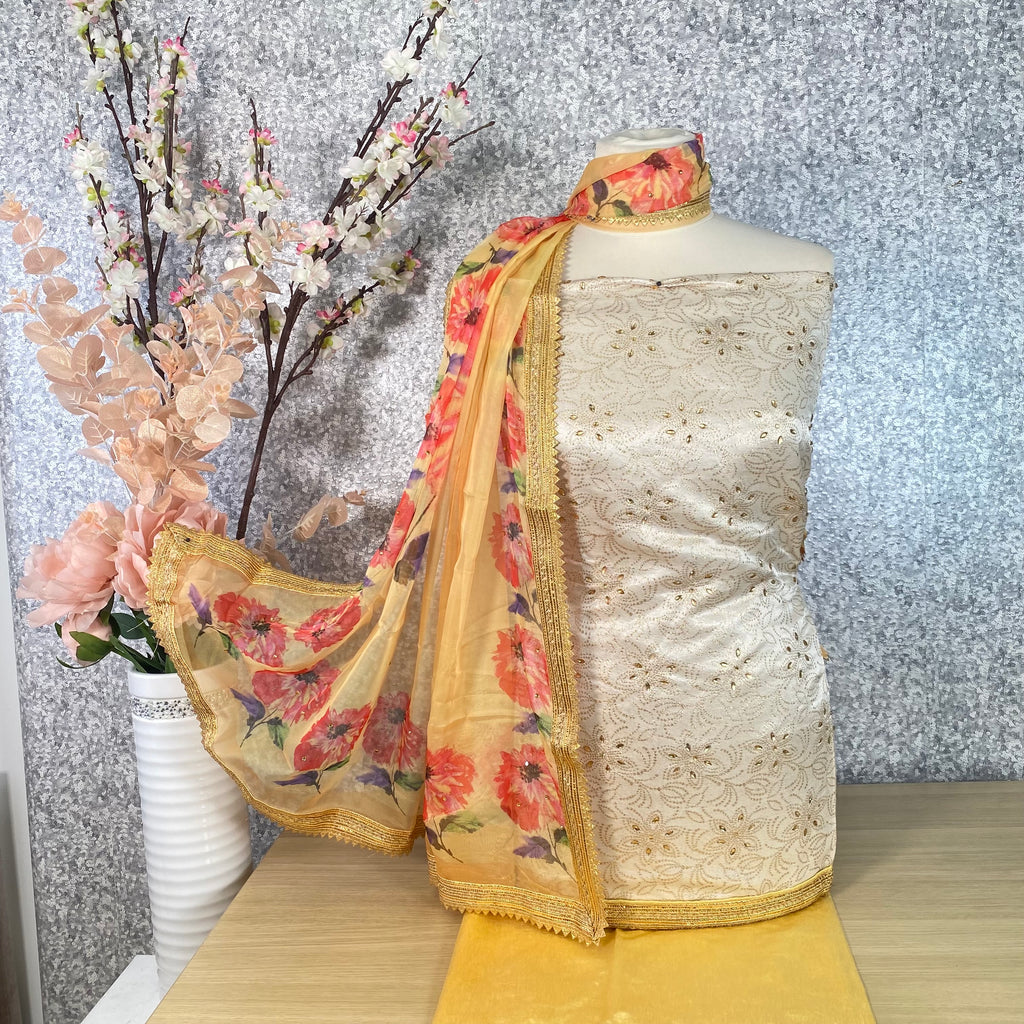 Unstitched Soft Faux Floral Benarsi Silk Suit