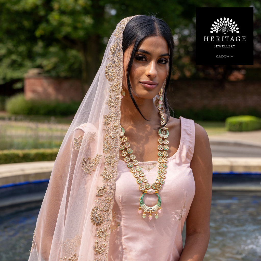 Ethnic Pink & Sea Green Layered Rani Haar Set