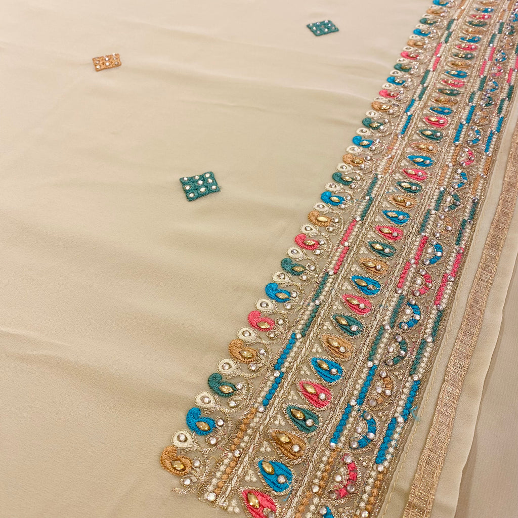 Georgette Suit with Contrasting Floral Threadwork Morif Embroidery