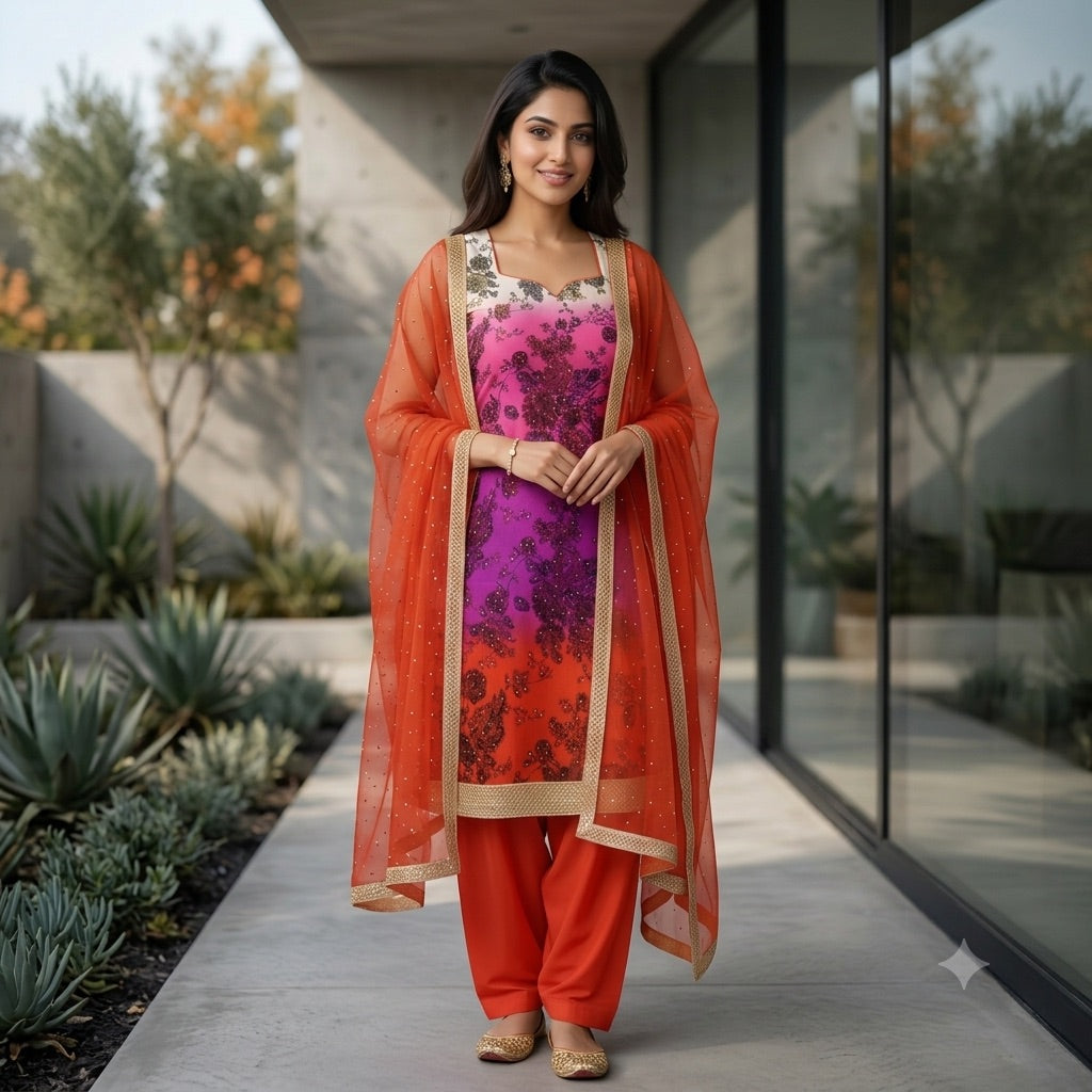 Unstitched Ombré Floral Benarsi Silk Suit
