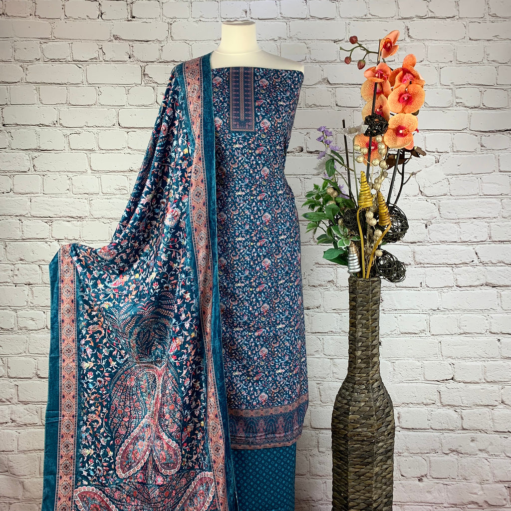 Self Print Garam Suit with Neck & Border Print (V8)
