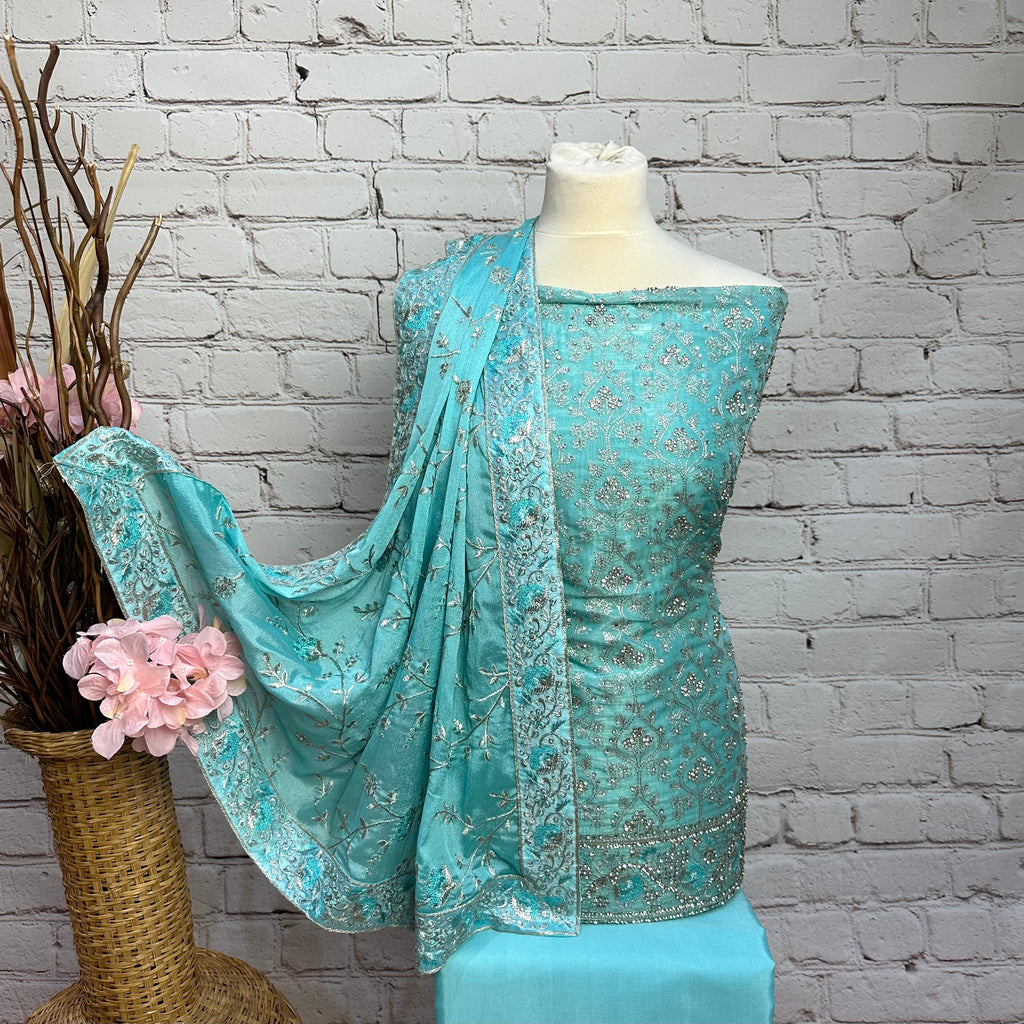 Unstitched Soft Faux Lattice Embroidered Shimmer Organza Silk Suit (D15)