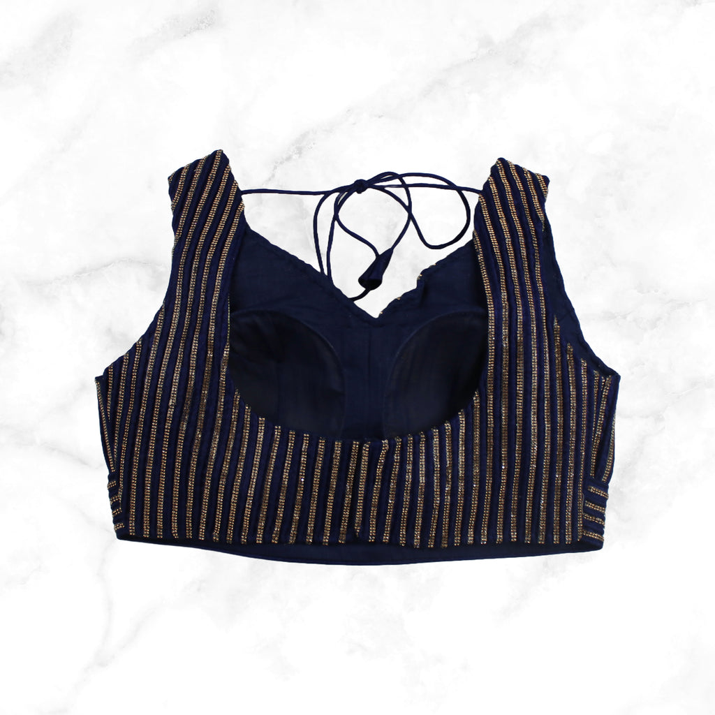 KIARA | NAVY FANCY STONEWORK STRIPE TRIM  BLOUSE