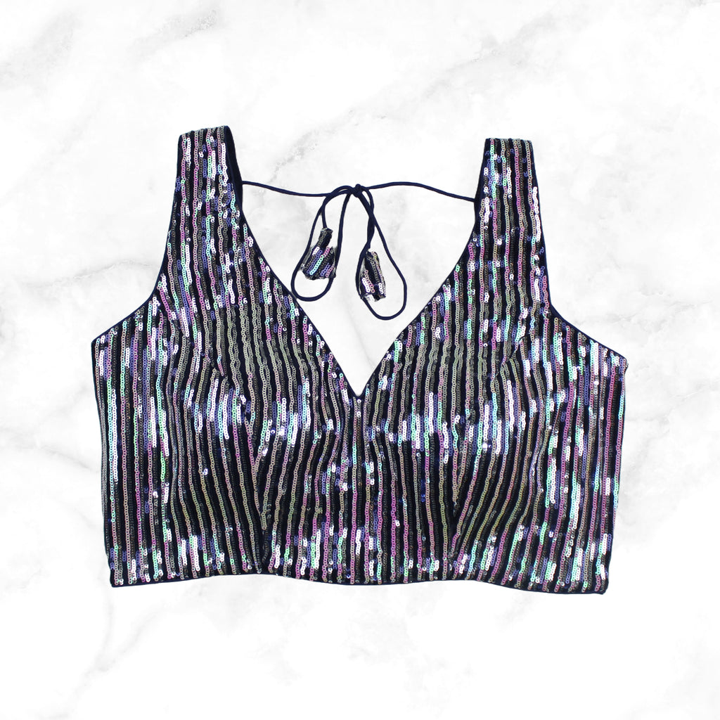 VAANI | NAVY HOLOGRAM GLITZY STRIPED SEQUIN BLOUSE