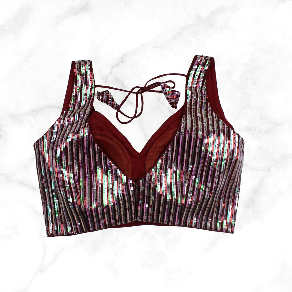 VAANI | WINE MAROON HOLOGRAM GLITZY STRIPED SEQUIN BLOUSE