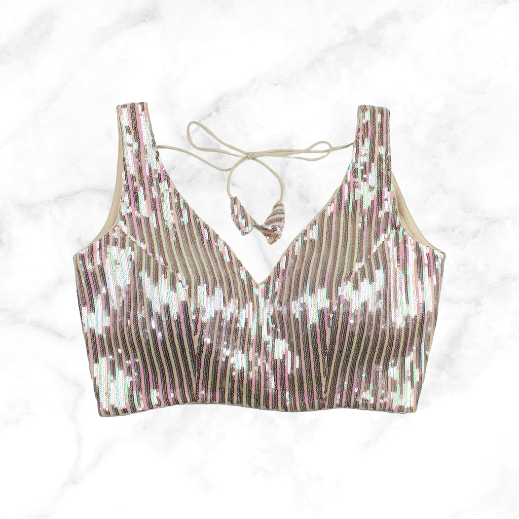 VAANI | NUDE PEACH HOLOGRAM GLITZY STRIPED SEQUIN BLOUSE