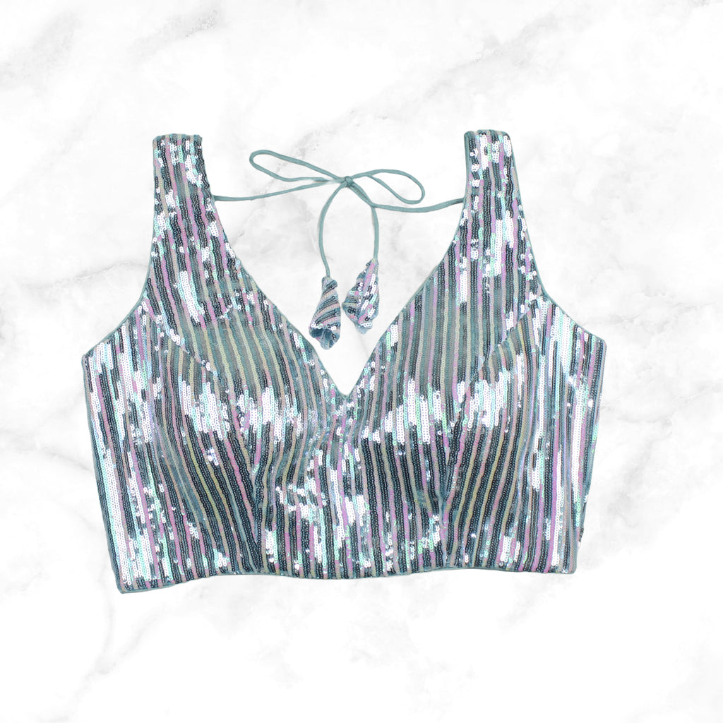VAANI | LIGHT BLUE HOLOGRAM GLITZY STRIPED SEQUIN BLOUSE