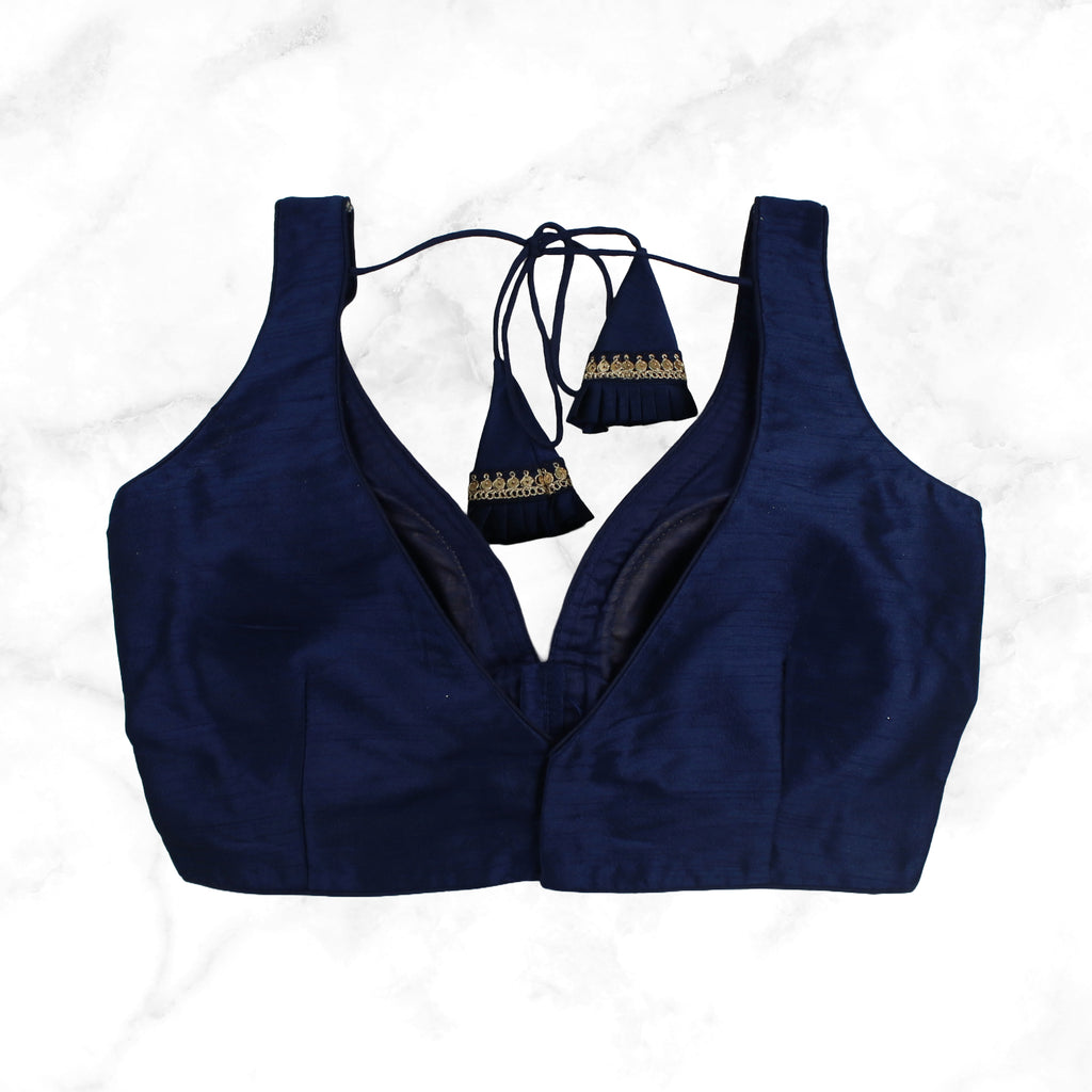 MAYA | NAVY SEQUIN TRIMMED PLAIN SILK BLOUSE