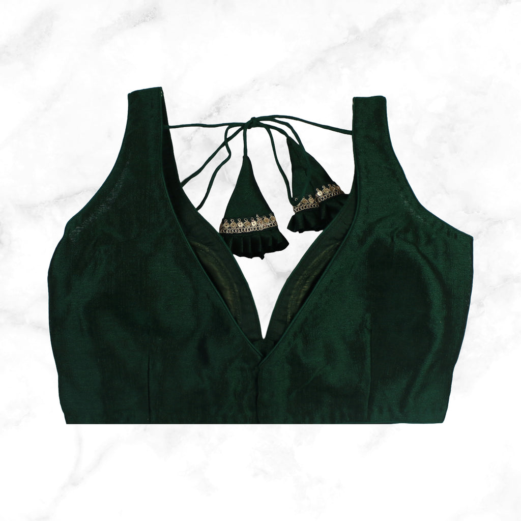 MAYA | DARK GREEN SEQUIN TRIMMED PLAIN SILK BLOUSE