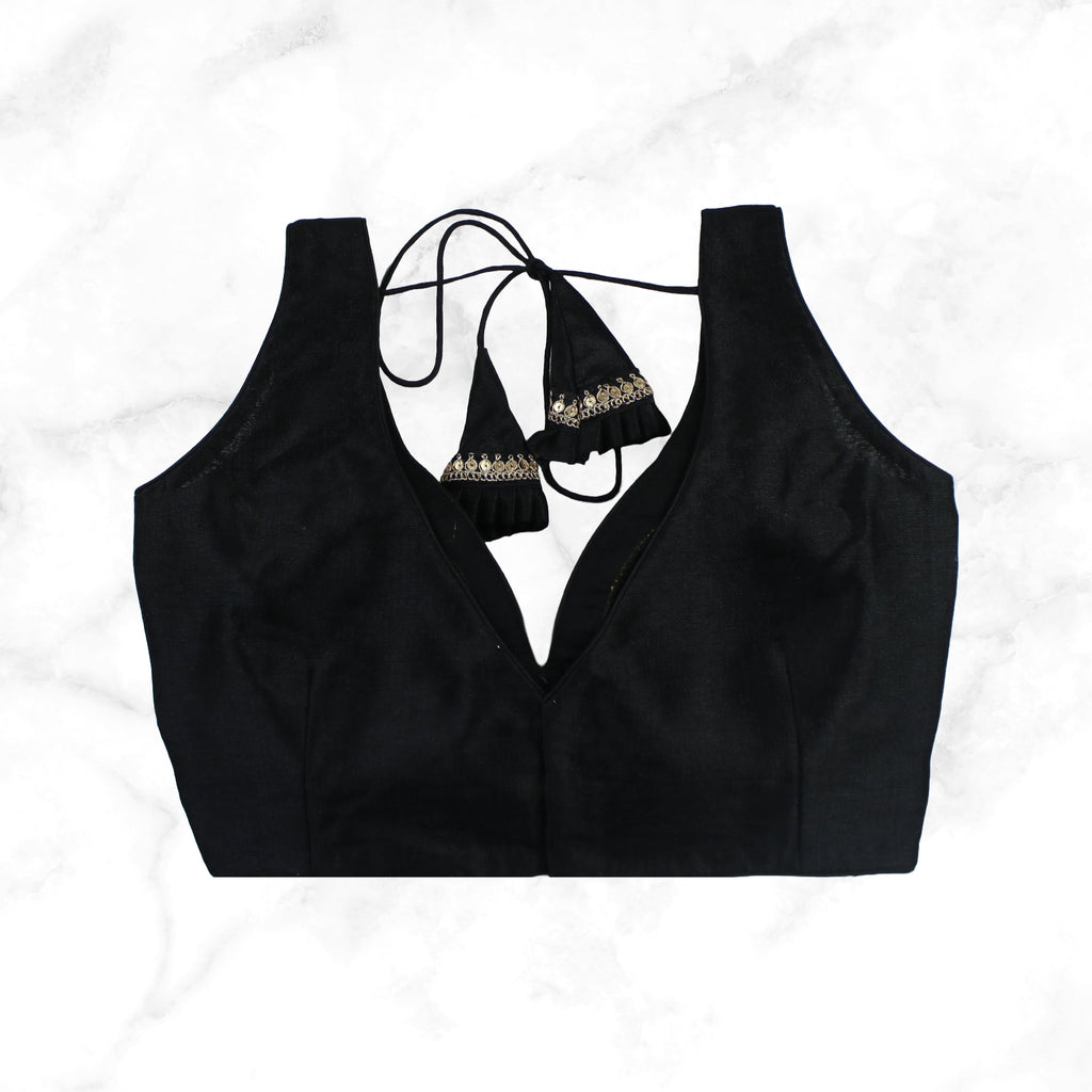 MAYA | BLACK SEQUIN TRIMMED PLAIN SILK BLOUSE