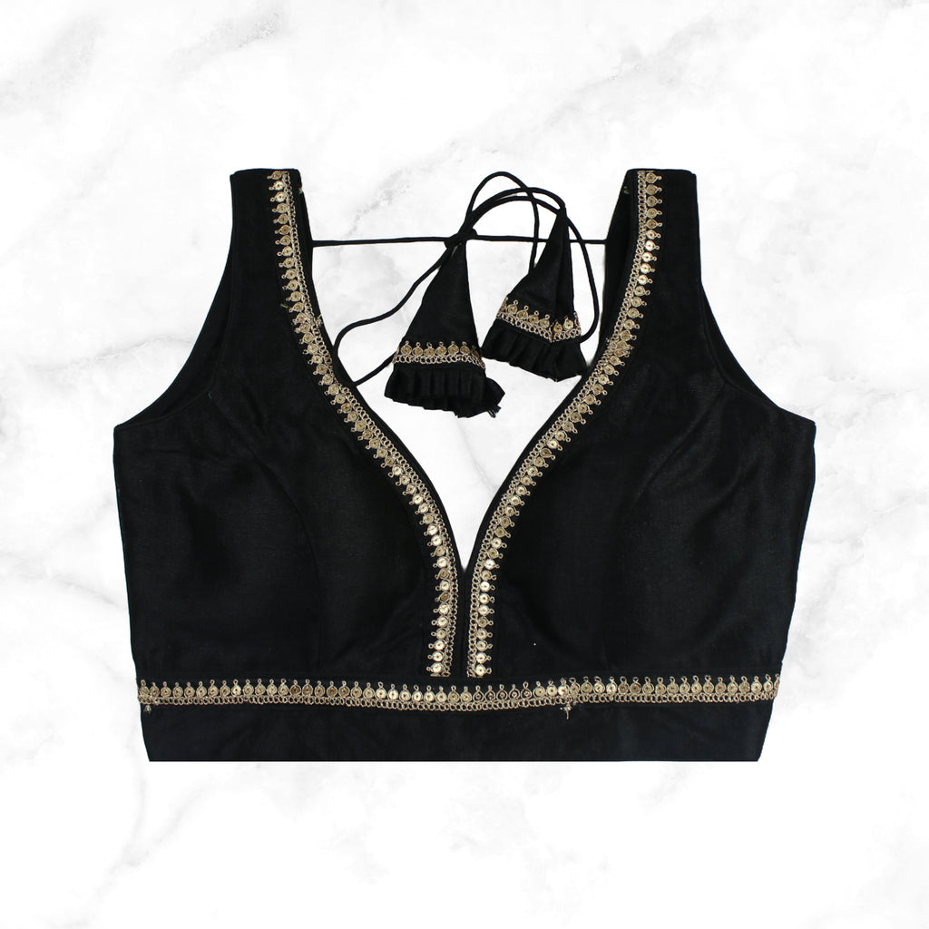 MAYA | BLACK SEQUIN TRIMMED PLAIN SILK BLOUSE