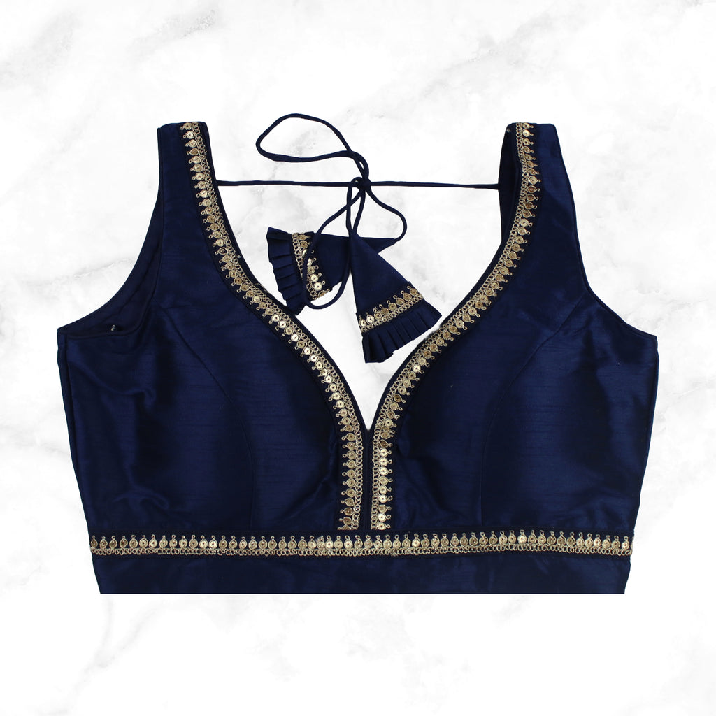 MAYA | NAVY SEQUIN TRIMMED PLAIN SILK BLOUSE