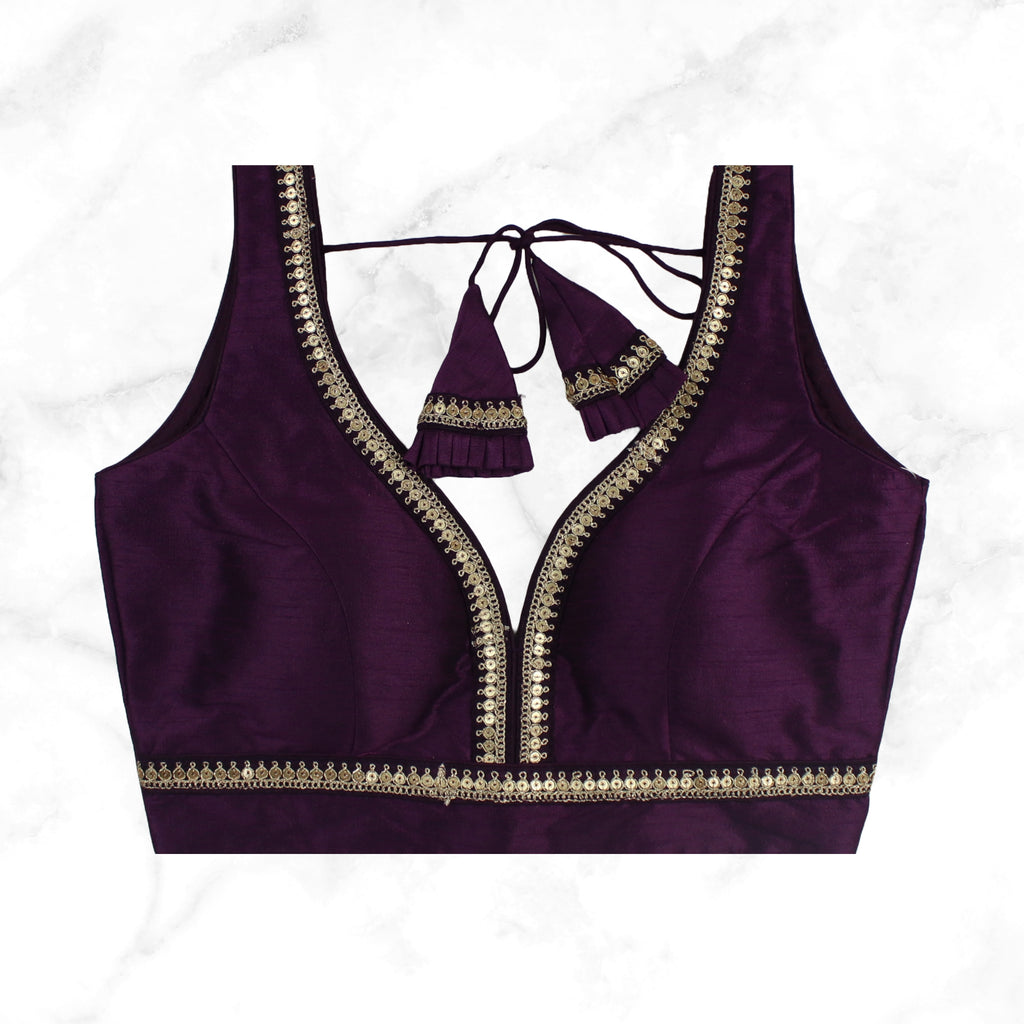 MAYA | PLUM SEQUIN TRIMMED PLAIN SILK BLOUSE